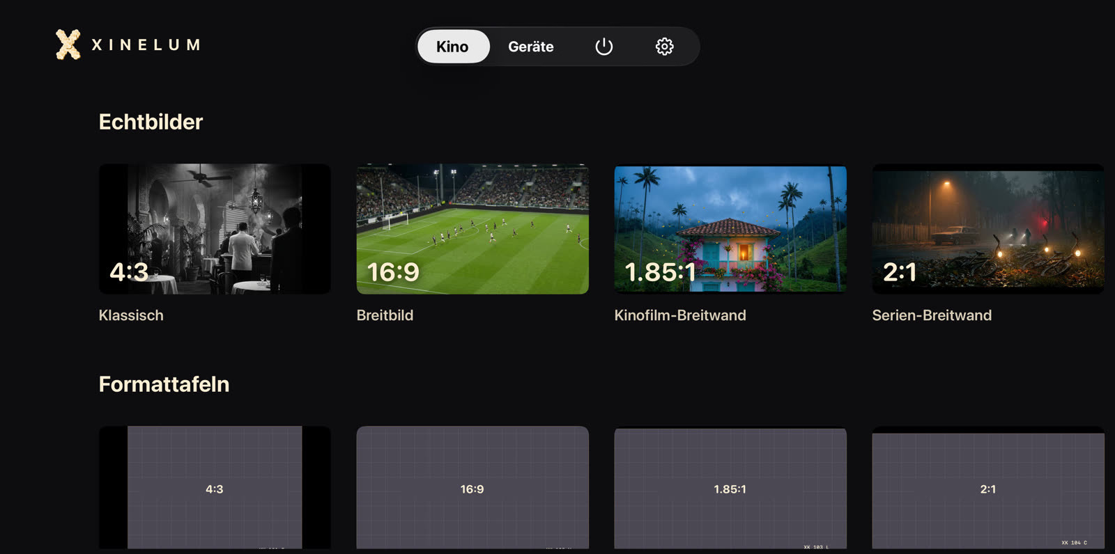 Die Apple-TV-App von Xinelum: oben die Leiste der App, darunter Echtbilder für 4:3, 16:9, 1.85:1 und 2:1 und eine Reihe Formattafeln.