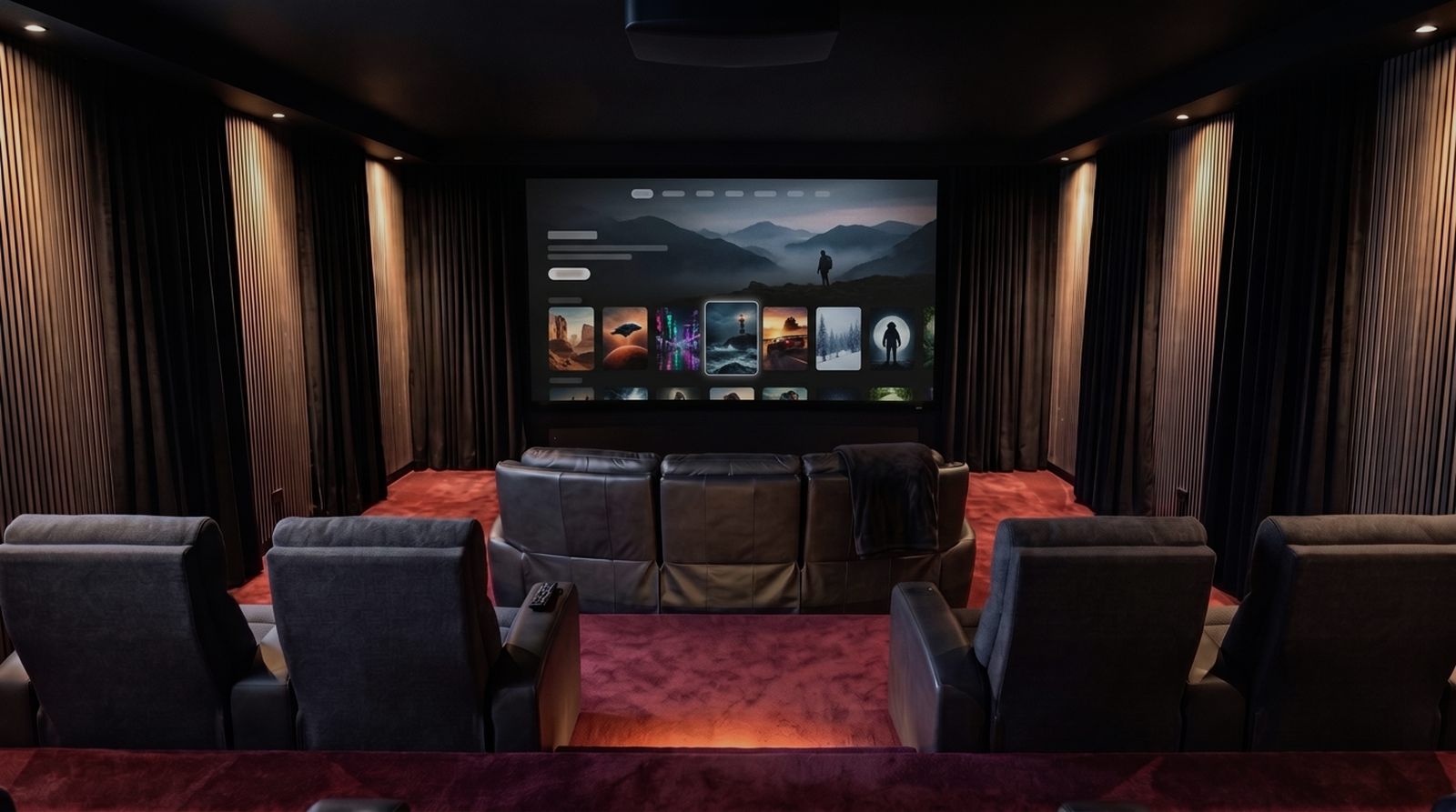 Heimkino, Licht gedimmt, Menü auf der Leinwand (Symbolbild)