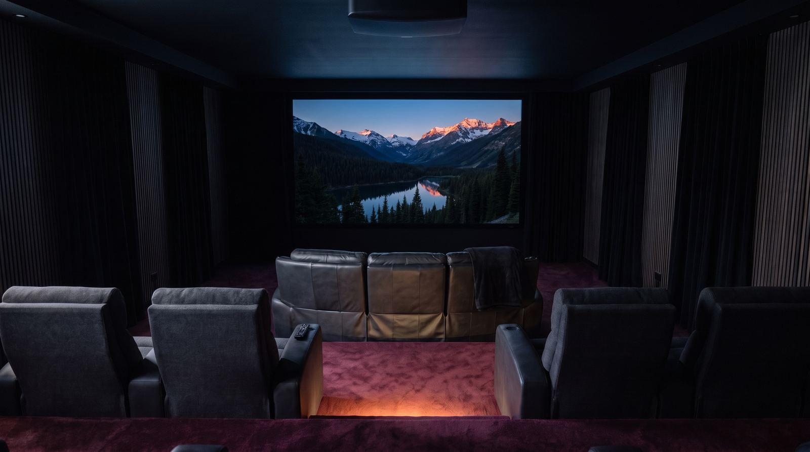 Heimkino, Licht aus, auf der Leinwand läuft ein Film mit Berglandschaft (Symbolbild)