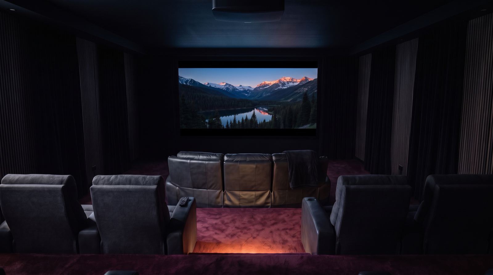 Heimkino, Film im Bildformat 21:9, die Maskierung deckt oben und unten die Balken ab (Symbolbild)