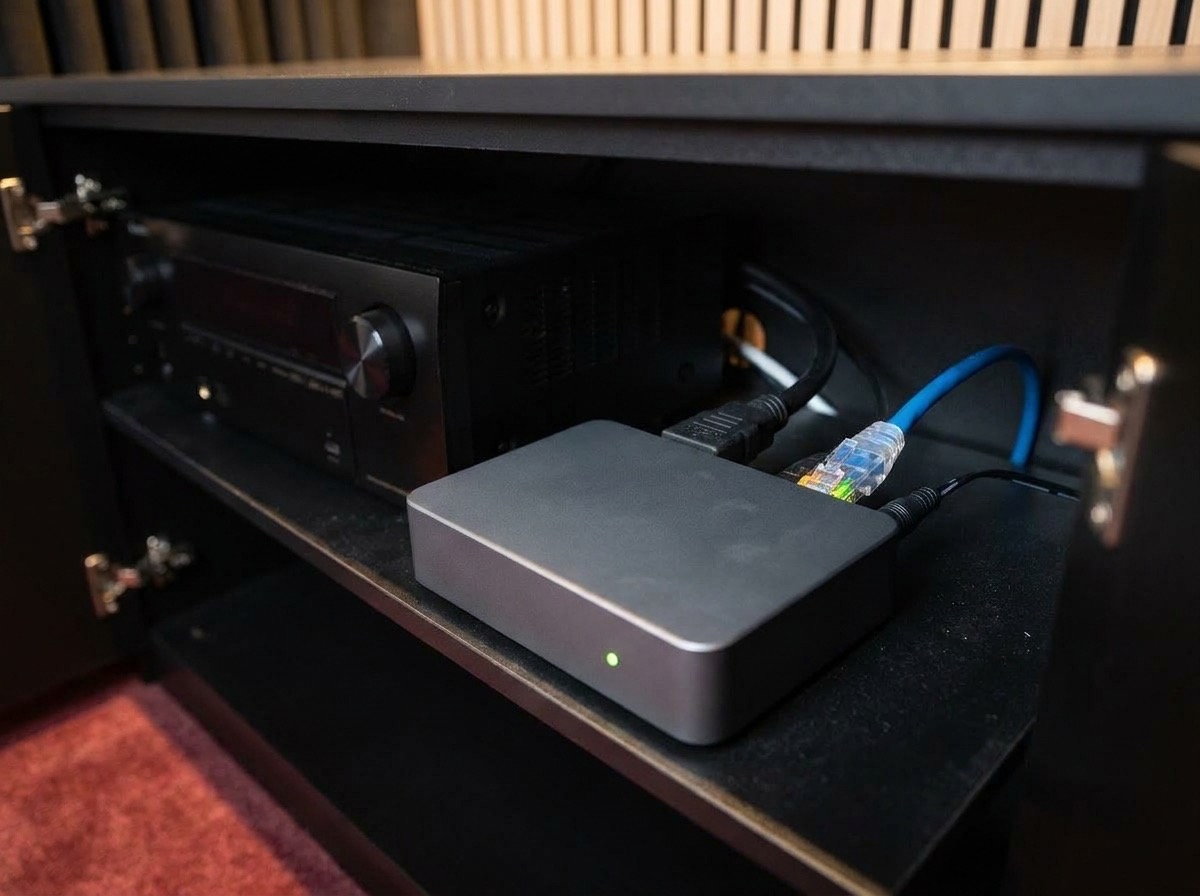 Kleiner HDMI-Encoder im offenen Gerätekasten, angeschlossen per HDMI-Kabel am AV-Receiver und per blauem Netzwerkkabel, grüne Statusleuchte (Symbolbild)