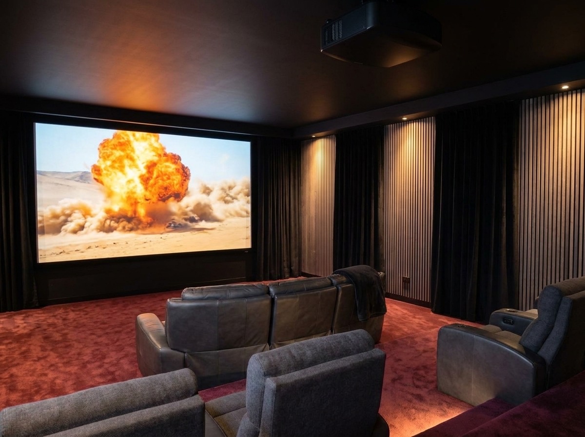 Heimkino zum Filmstart: die Deckenstrahler über den Holzlamellen sind heruntergedimmt, auf der Leinwand läuft eine Wüstenverfolgung (Symbolbild)