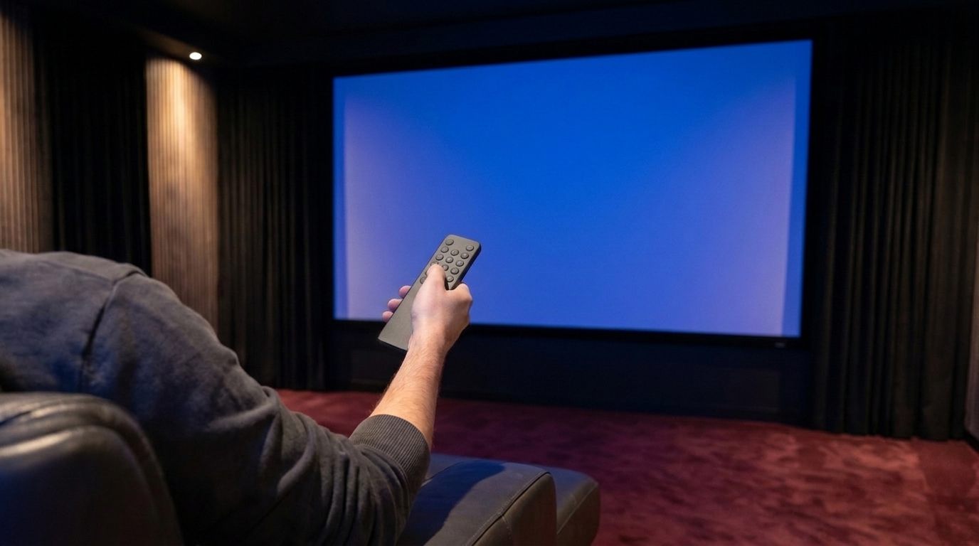 Hand mit Fernbedienung über dem Ledersofa, die Leinwand im Heimkino leuchtet dunkelblau auf (Symbolbild)