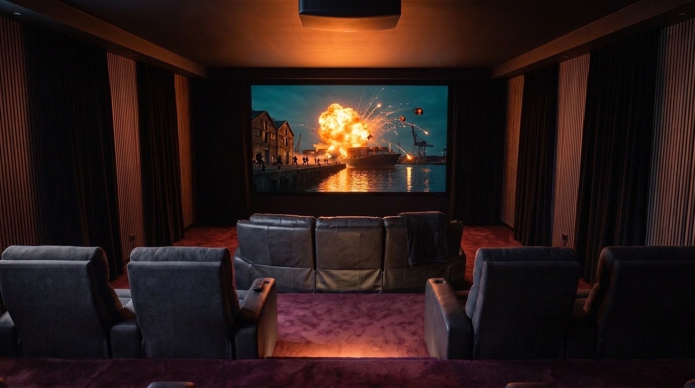 Heimkino, auf der Leinwand eine Explosion über einer Hafenstadt bei Nacht (Symbolbild)