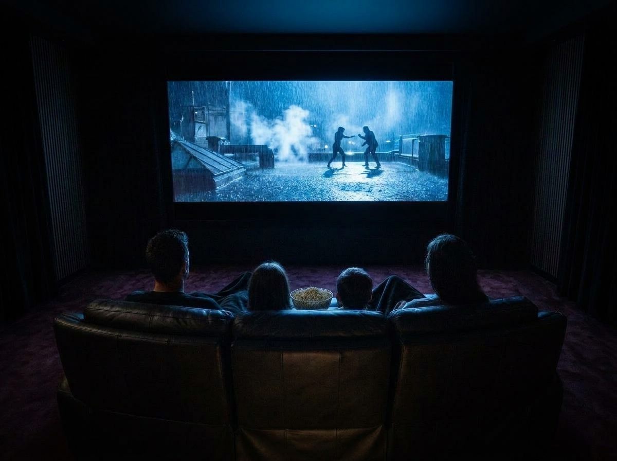 Familie von hinten auf dem Ledersofa im Heimkino, auf der Leinwand ein Actionfilm im Regen (Symbolbild)