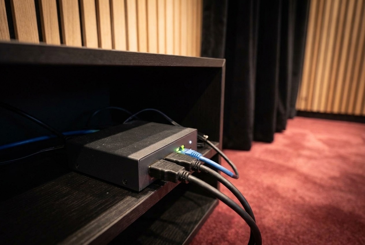 Kleiner schwarzer HDMI-Encoder mit HDMI- und Netzwerkkabel im Gerätekasten des Heimkinos (Symbolbild)