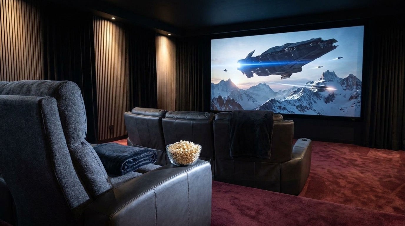 Leerer Kinosessel mit Popcorn, auf der Leinwand ein Raumschiff über einem Gebirge (Symbolbild)